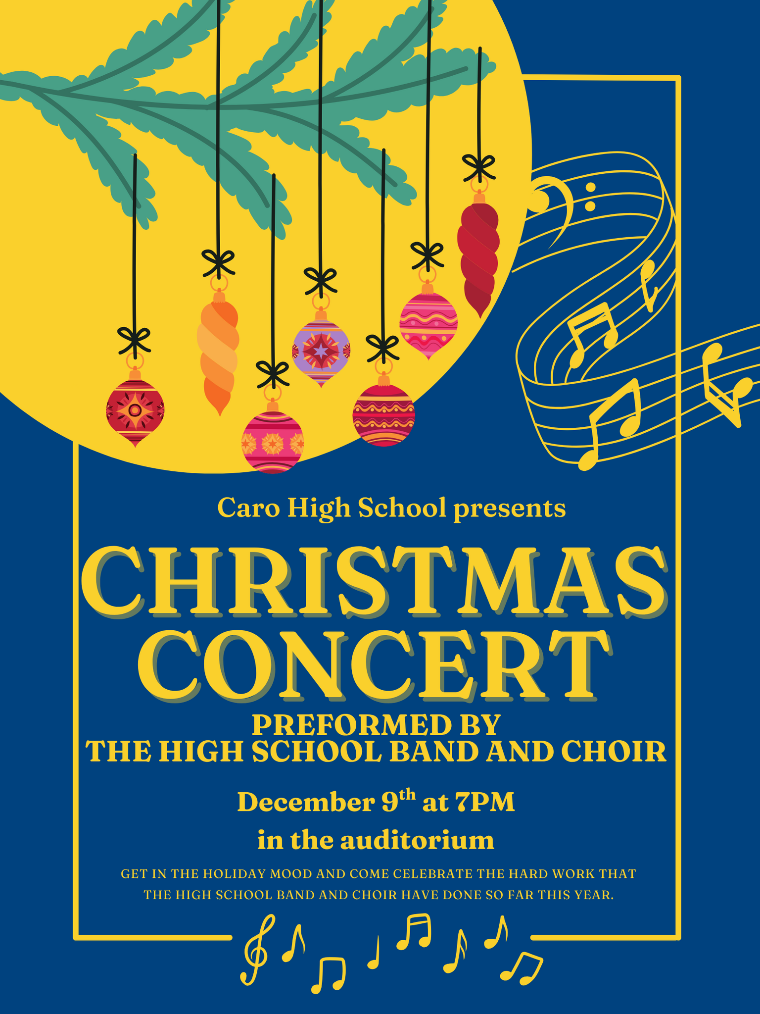 Caro High School presents Christmas Concert performed by the High School Band and Choir. December 9th at 7pm in the auditorium. Get in the holiday mood and come celebrate the hard work that the high school band and choir have done so far this year.